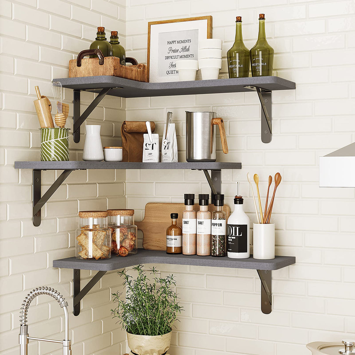 Fixwal Corner Floating Shelves Set of 5, Rustic Wood Wall Mounted Corner Shelf for Bathroom, Kitchen, Bedroom, Home Decor, Laundry Room, Living Room(Gray) Fixwal
