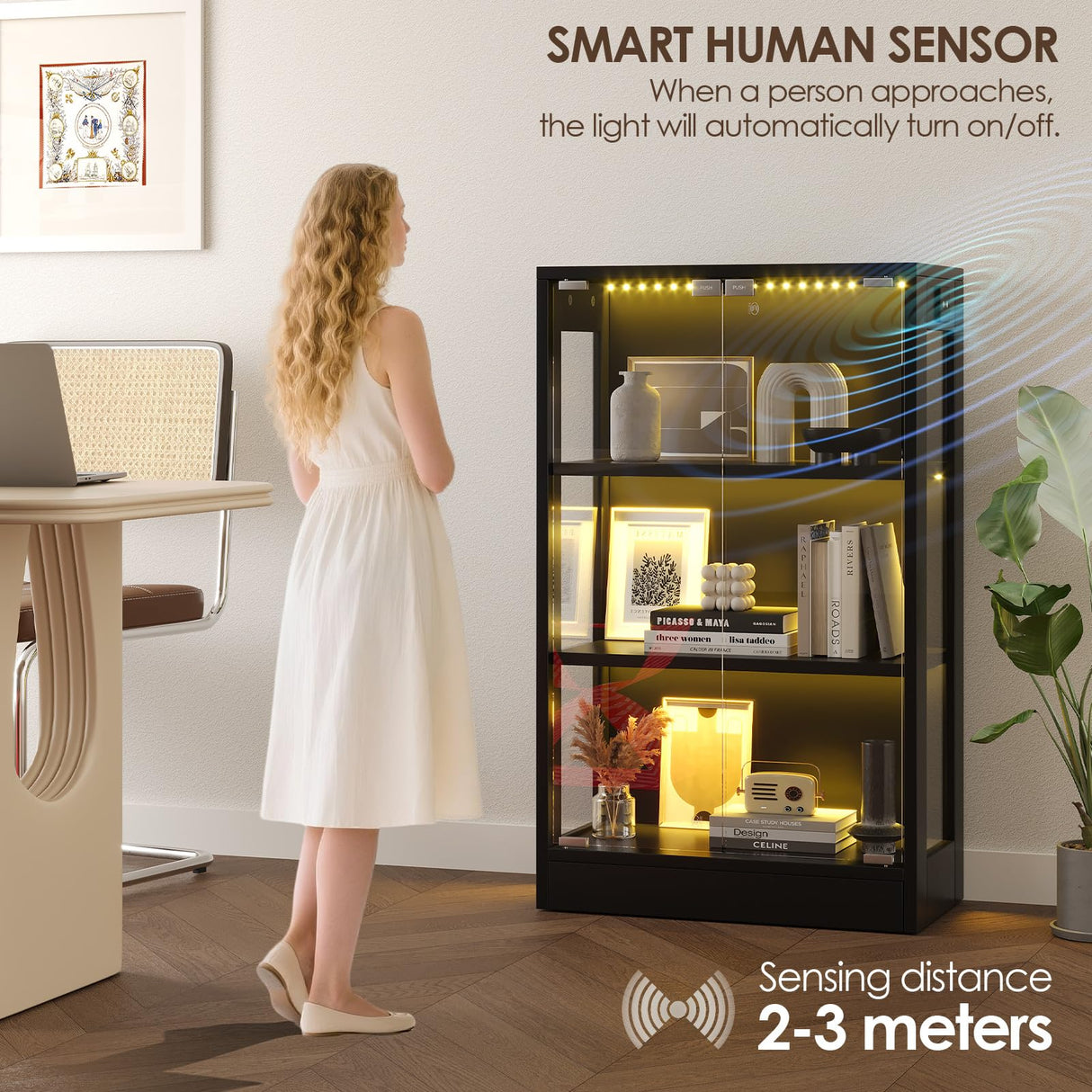 Airynee Display Cabinet with Glass Doors 3-Tier, 7 Vibrant Colors 3 Dynamic Lighting Modes HD Glass Storage Cabinet with Human Body Sensor(Black) Airynee