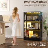 Airynee Display Cabinet with Glass Doors 3-Tier, 7 Vibrant Colors 3 Dynamic Lighting Modes HD Glass Storage Cabinet with Human Body Sensor(Black) Airynee