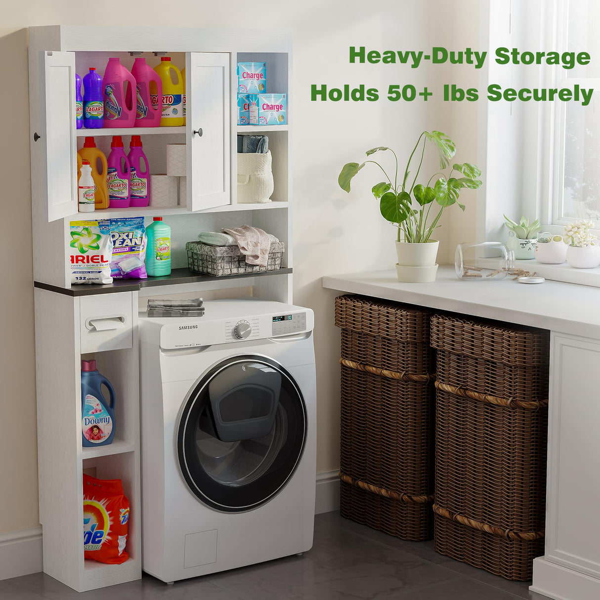 Nivisre Over The Toilet Storage Cabinet with 7 Shelves, Imitation Walnut Grain Above Toilet Bathroom Organizer with Toilet Paper Holder Stand, Space Saver for Restroom, Bathroom, Laundry (White) Nivisre