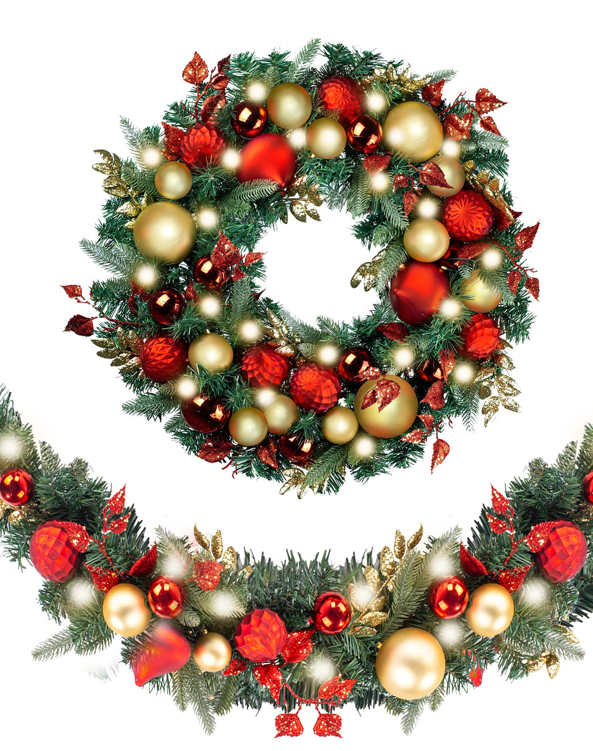 WANNA-CUL Pre-lit 9Feet /108 Inch Christmas Garland with Lights for Front Door, Red Gold Ligthed Christmas Mantel Garland Decoration with Ball Ornaments, Battery Operated 50 LED WANNA-CUL