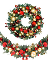 WANNA-CUL Pre-lit 9Feet /108 Inch Christmas Garland with Lights for Front Door, Red Gold Ligthed Christmas Mantel Garland Decoration with Ball Ornaments, Battery Operated 50 LED WANNA-CUL