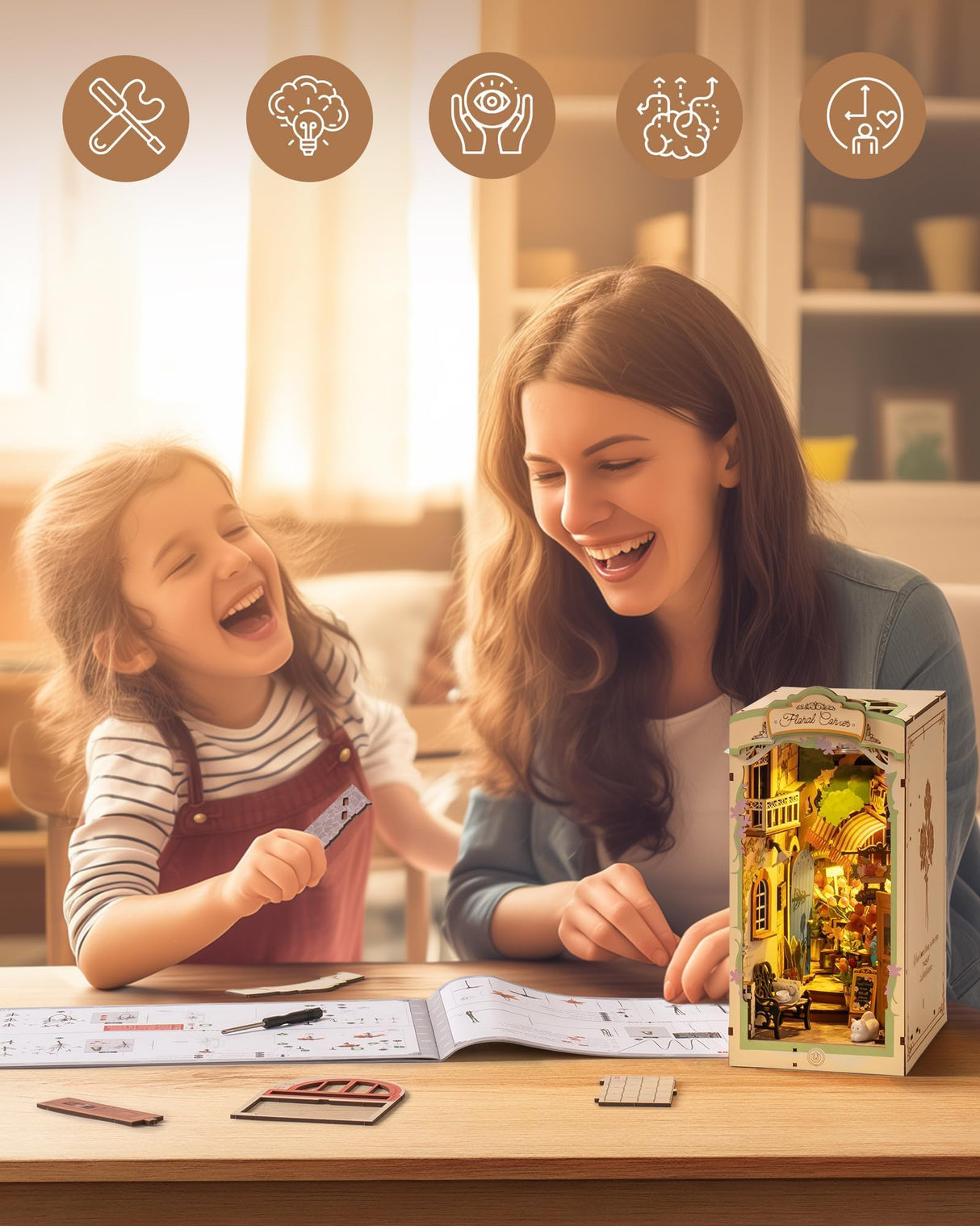 Rolife DIY Book Nook Kits for Adults, Miniature Dollhouse Booknook Kit for Home Room Decor, 3D Wooden Puzzle with LED, Flower Corner Creative Bookends Bookshelf Diorama Insert Rolife