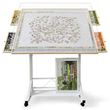 ZZJIHAI 1500 Piece Jigsaw Puzzle Table with Drawers, Adjustable Wooden Rotating Puzzle Board with Legs and Cover, Portable Large Movable Puzzles Tables with Wheels & Storage for Adults ZZJIHAI