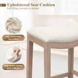 ABET Bar Stools Counter Height Chair Set of 3, 27" Backless Farmhouse Barstools with Wood Leg & Built-in Footrest, Nailhead Saddle Seat, Upholstered Linen Kitchen Island Chairs, Beige ABET