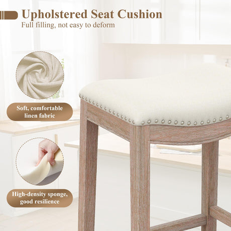 ABET Bar Stools Counter Height Chair Set of 3, 27" Backless Farmhouse Barstools with Wood Leg & Built-in Footrest, Nailhead Saddle Seat, Upholstered Linen Kitchen Island Chairs, Beige ABET