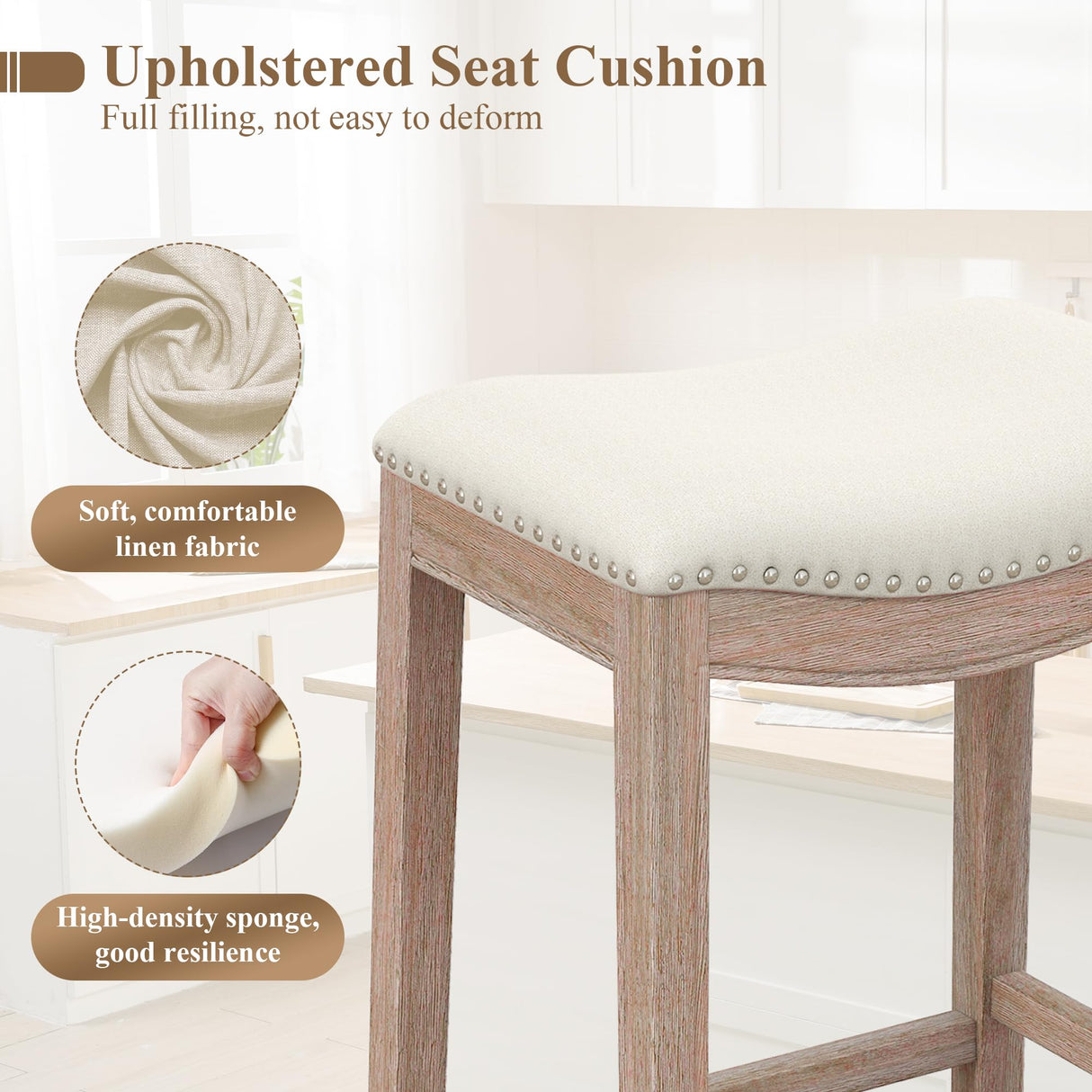 ABET Bar Stools Counter Height Chair Set of 4, 27" Backless Farmhouse Barstools with Wood Leg & Built-in Footrest, Nailhead Saddle Seat, Upholstered Linen Kitchen Island Chairs, Beige ABET