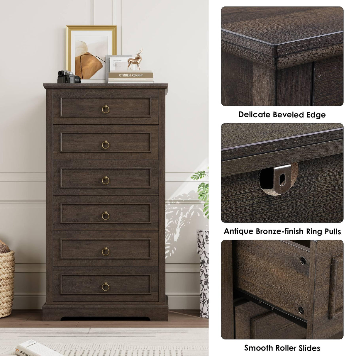 HOSTACK 6 Drawer Dresser, 52" Tall Chest of Drawers, Modern Farmhouse Storage Dressers Organizer for Living Room, Hallway, Entryway, Home Office, Dark Brown HOSTACK
