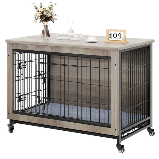 YITAHOME Dog Kennel Furniture with Wheels, Wooden Dog Crate Furniture with Cushion, Dog Crate End Table with Tray, 38" Dog Cage with Double Doors for Small/Medium Dog (Gray)