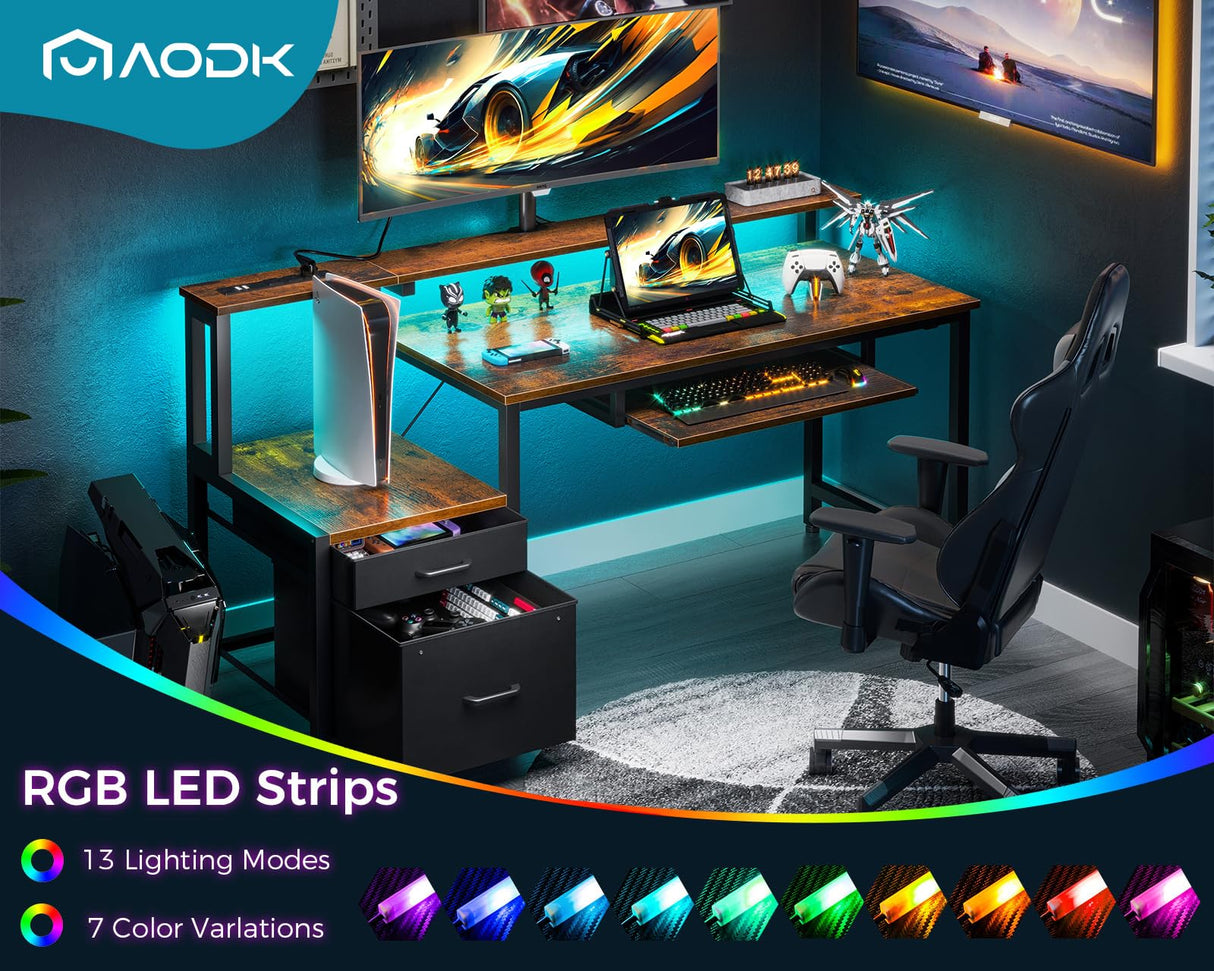 AODK 55" Computer Desk with Fabric File Cabinet and Drawer, Reversible Office Desk with Power Outlet and LED Light, Study Desk with Printer Stand, Keyboard Tray, Monitor Riser and PC Stand, Vintage AODK