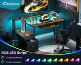 AODK 55" Computer Desk with Fabric File Cabinet and Drawer, Reversible Office Desk with Power Outlet and LED Light, Study Desk with Printer Stand, Keyboard Tray, Monitor Riser and PC Stand, Vintage AODK