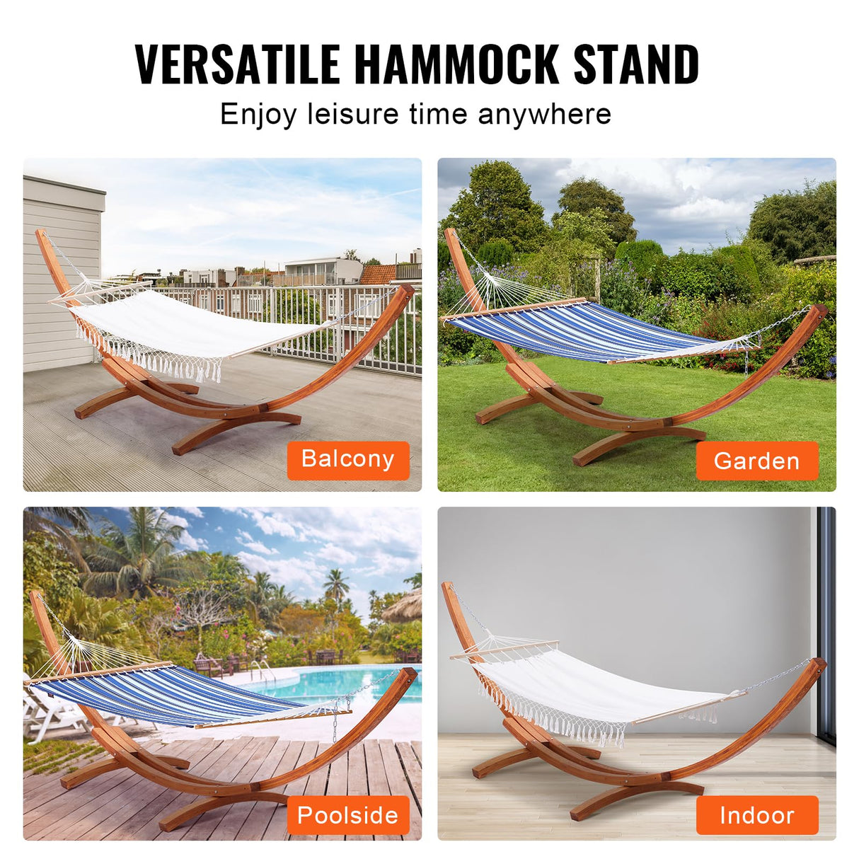 VEVOR Wooden Hammock Stand, 475 lbs Capacity Universal 2 Person Hammock Frame Fits 9-13 ft Hammocks, Larch Wood Arc Adjustable Stand for Hammock with Chain and Carabiner, for Outdoor and Indoor VEVOR
