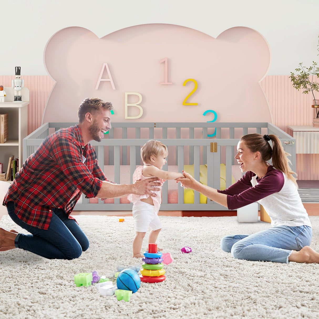 Solid Wood Montessori Floor Bed for Kids with Fun Door Design & Safety Guardrails - Easy Assembly in Gray LLS
