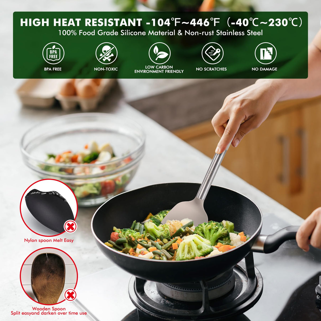 HOTEC Heat Resistant Silicone Kitchen Utensils, Cooking Utensil Set, Spatula Set, BPA Free, Kitchen Gadgets, With Stainless Steel Utensils Holder, Dishwasher Safe 14pcs Khaki HOTEC