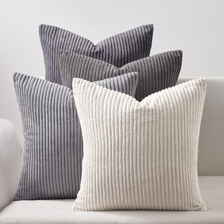 Topfinel Neutral Grey Decorative Throw Pillow Covers 18x18 Inch Set of 4,Modern Farmhouse Striped Corduroy Cushion Cases,Square Euro Shams for Sofa,Bedroom,Floor,Car(45cm Dark Gray) Topfinel