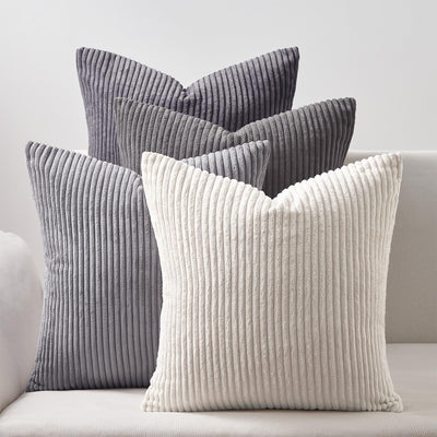Topfinel Neutral Grey Decorative Throw Pillow Covers 18x18 Inch Set of 4,Modern Farmhouse Striped Corduroy Cushion Cases,Square Euro Shams for Sofa,Bedroom,Floor,Car(45cm Dark Gray)
