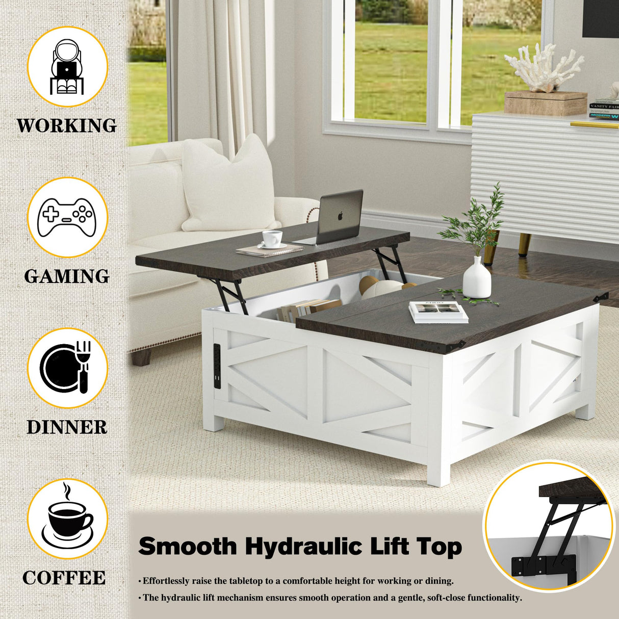 TOLEAD 36" Farmhouse Lift Top Coffee Table with Storage, Square Coffee Table with Charging Station, Living Room Center Table with Large Hidden Space, White TOLEAD