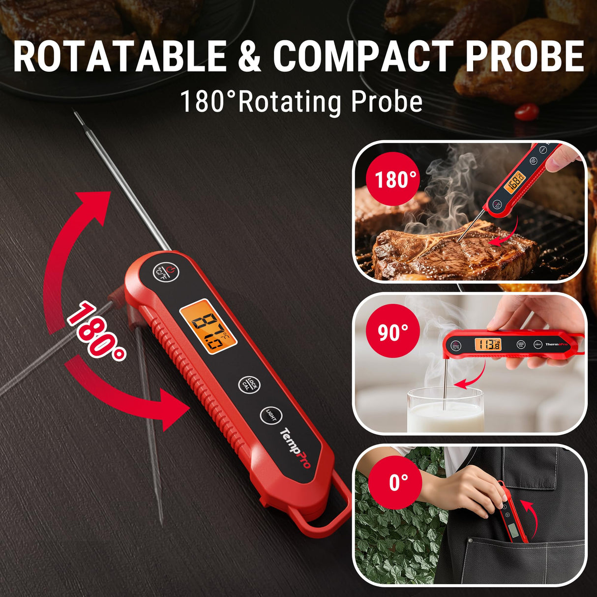 TempPro 3-Sec Instant Read Meat Thermometer Digital, ±0.9°F Accuracy, Waterproof & Backlight Food Thermometer for Cooking, Oil Fry Candy Meat Probe for Kitchen, BBQ, Oven, Grill, Smoker with Magnet TempPro