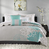 Madison Park Lola 100% Cotton Quilt Set - Casual Floral Channel Stitching Design, All Season, Lightweight Coverlet Bedspread Bedding, Shams, Decorative Pillows, King/Cal King(104"x94"), Aqua 6 Piece Madison Park