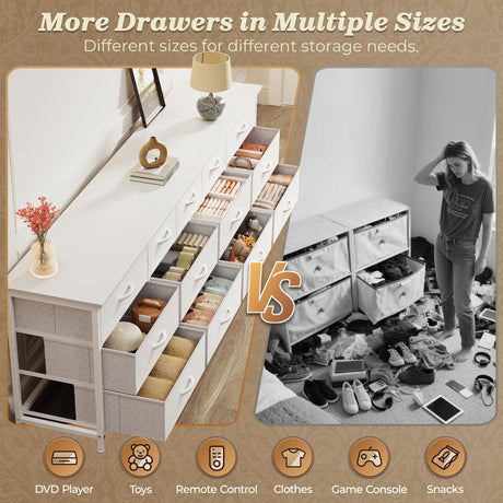 Huuger 70 Inch White Dresser for Bedroom, TV Stand for 65, 75, 80 Inch TV, 13 Fabric Drawer Long Dresser, Wide Chest of Drawer, Storage Units for Bedroom Huuger
