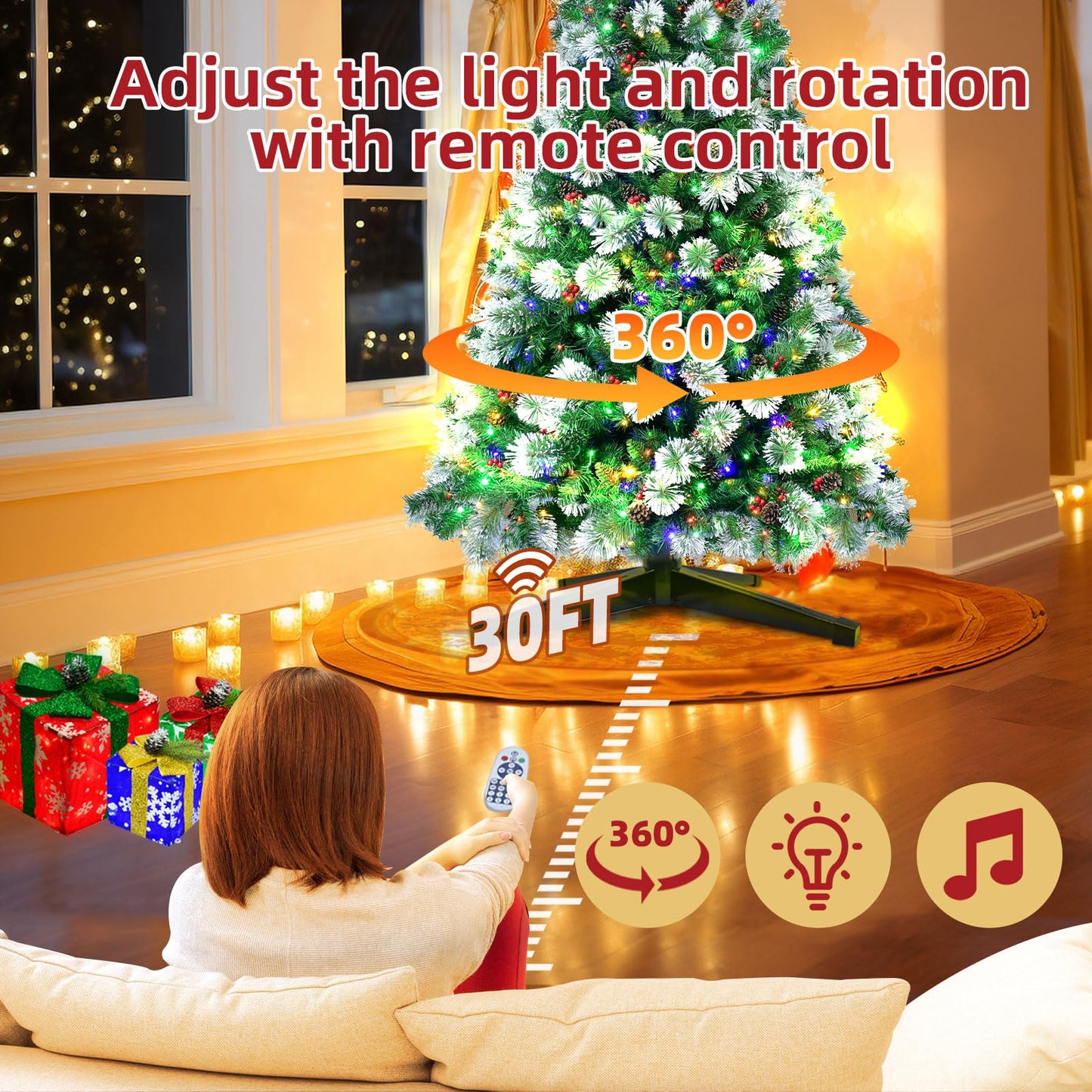 Rotatable Christmas Tree with Music 7.5FT - Includes Rotating Metal Stand with Music Function, Remote Controller and Adapter, Mixed 360 Degree Rotation, 8 Modes Color 380 LEDs for Indoor