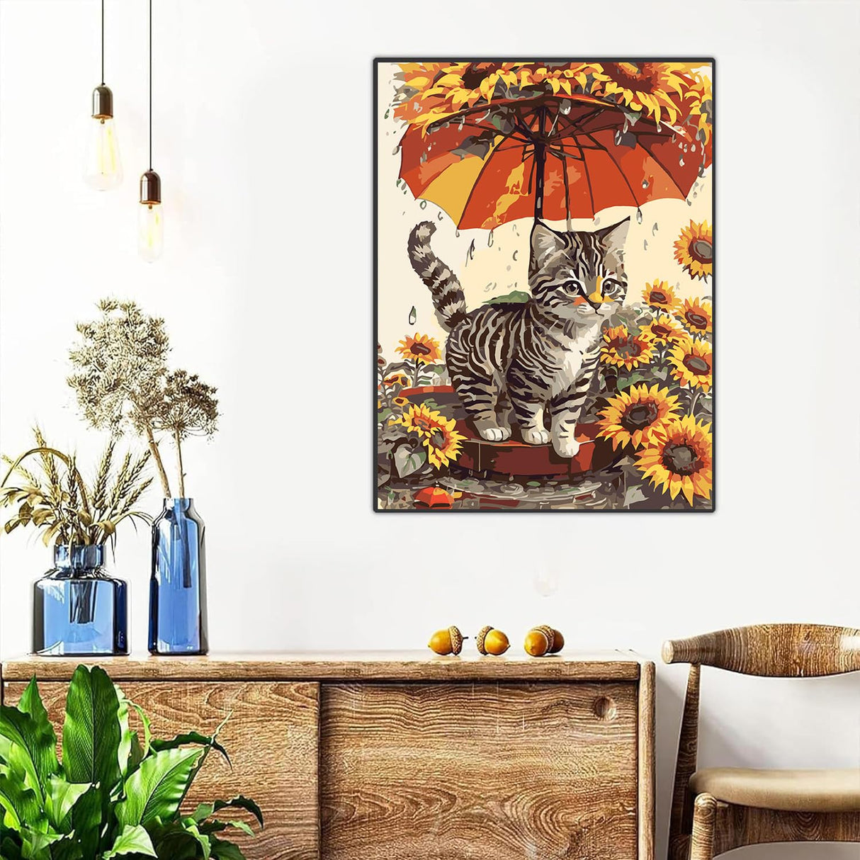 Meothan Framed Paint by Numbers Kits for Adults, Cat Paint by Numbers for Adults Beginners, Sunflower Paint by Numbers Kits on Canvas with Framed for Home Wall Decor 12x16inch (with Easel) Meothan