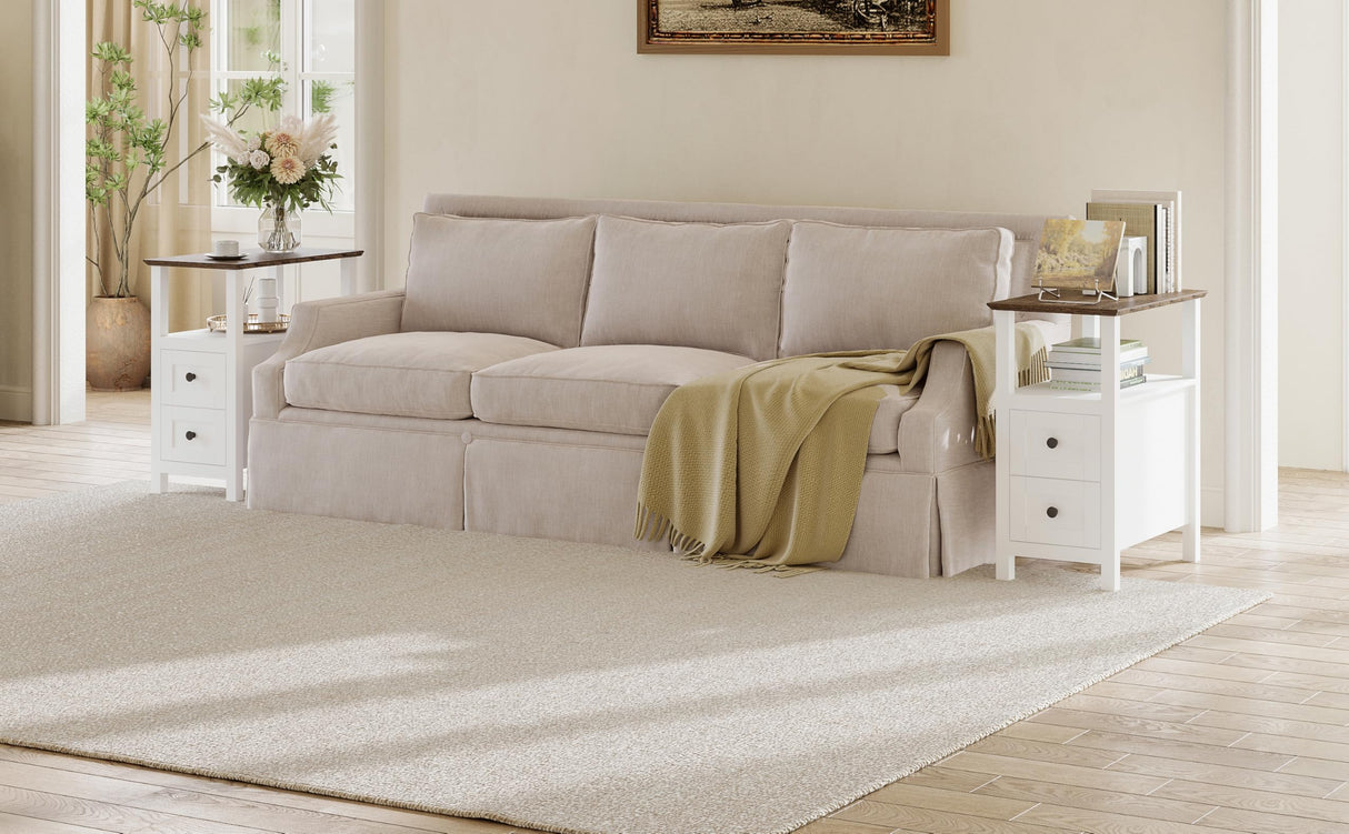 ChooChoo Farmhouse End Tables Set of 2, 3-Tier Narrow Nightstand with 2 Drawers, Slim Bedside Tables with Open Shelf for Small Space Living Room,White ChooChoo