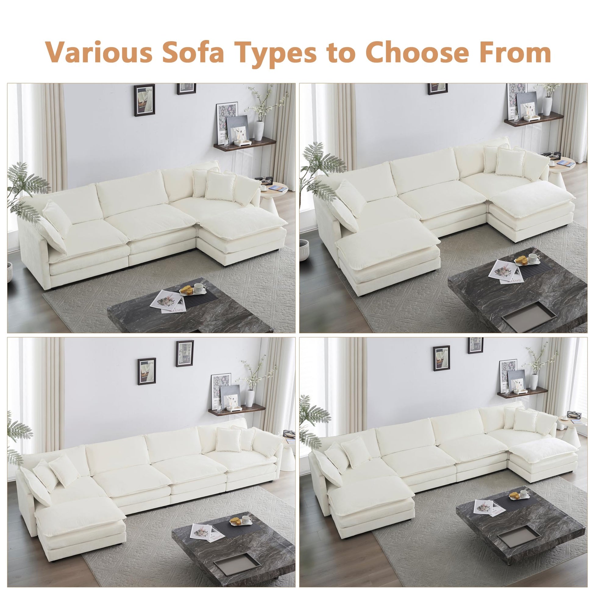 mikibama Modular Sectional Sofa, 111.5" L Shaped Couch Set for Living Room, 3-Seater Comfy Cloud Couches with Movable Ottoman, DIY Combination, Chenille, Beige - WoodArtSupply