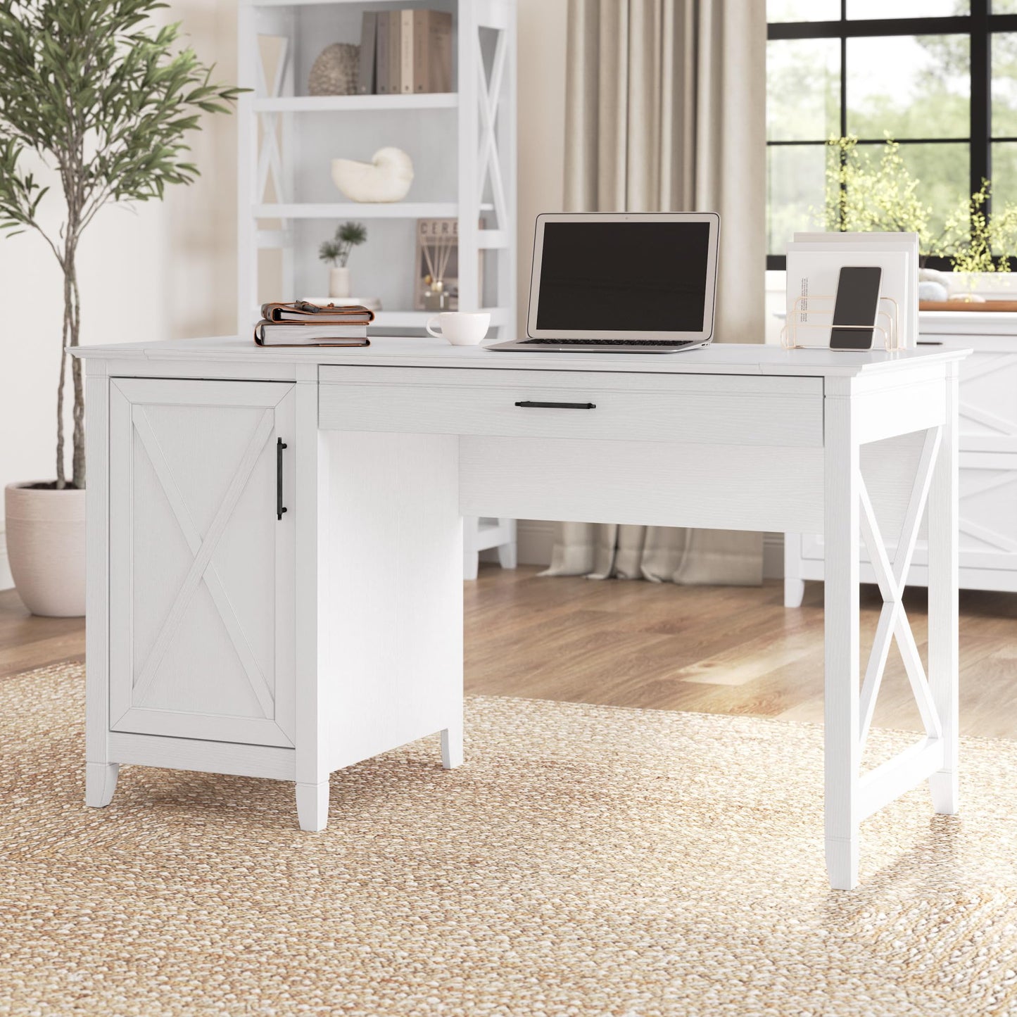 Bush Furniture Key West Computer Desk with Storage | Farmhouse PC Table for Home Office in Pure White Oak | 54W x 24D - WoodArtSupply