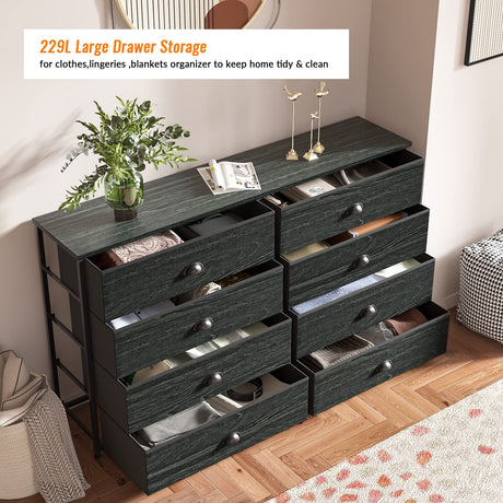 Furnulem Wide Dresser with 8 Fabric Drawers, TV Entertainment Center with Storage for 55'' TV, Large Chest of Drawers for Bedroom, Living Room, Dorm, Closet, Entryway, Wood Top (Black Oak) Furnulem