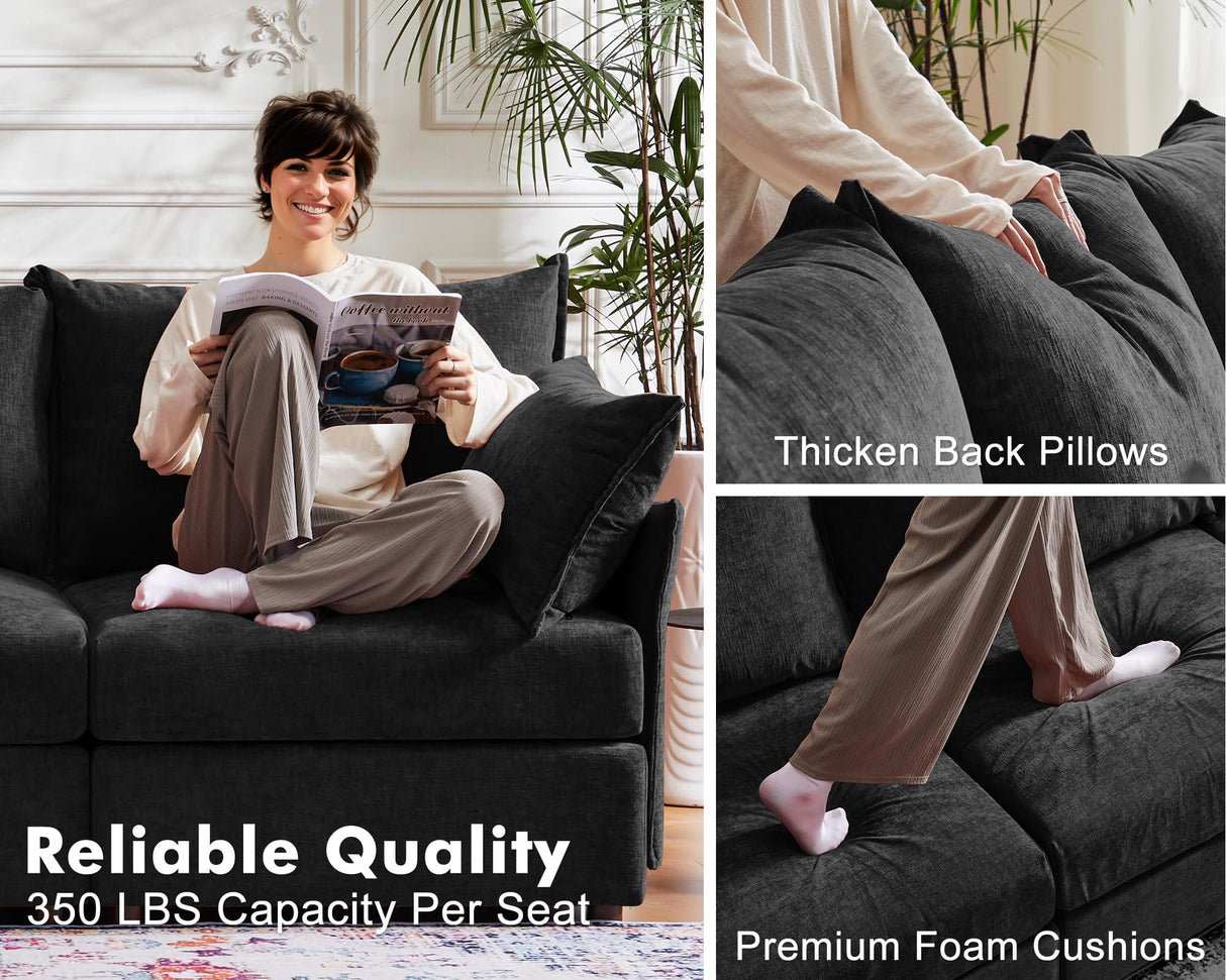 ABCASA 99" Modular Sofa Couch, Comfy 3-Seater Chenille Fabric Couch for Living Room, Office, Apart W/Deep Seat, High Backrest, Upholstered Couch W/Removable Cover, Black ABCASA