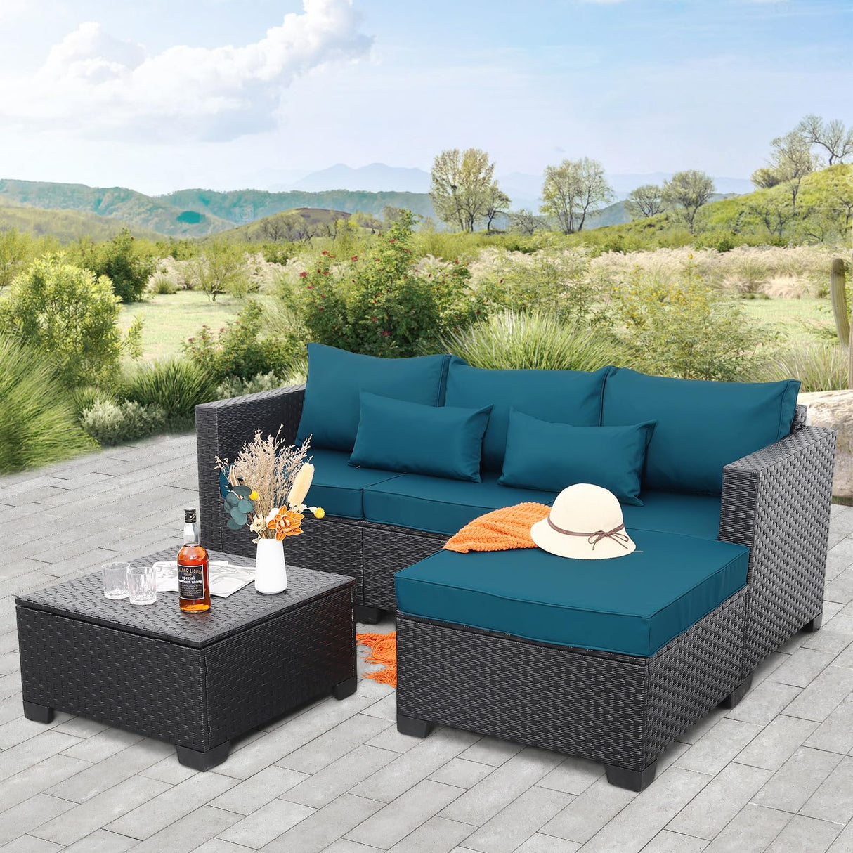 Rattaner Outdoor Furniture Set 3 Pieces Wicker Patio Furniture Outdoor Sectional Patio Couch Outdoor Coffee Table with Storage All-Weather No-slip Cushions Waterproof Covers, Peacock Blue Rattaner