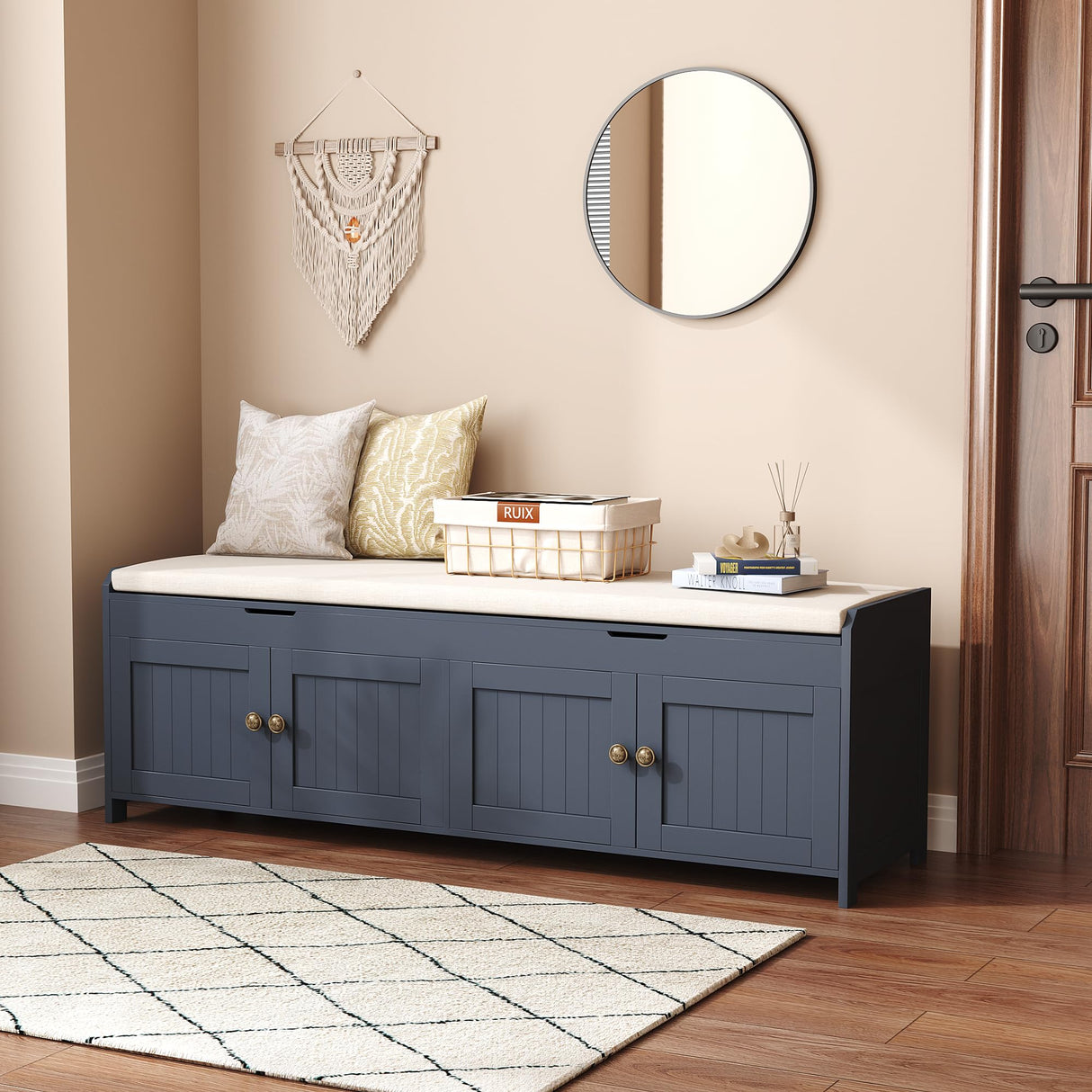 HOMEFORT 54.4" Shoe Bench with Lift Top Storage, Entryway Bench with Cushioned Seat, Wooden End of Bed Bench, Shoe Cabinet Bench with Hidden Storage Space, for Bedroom, Hallway,Blue HOMEFORT