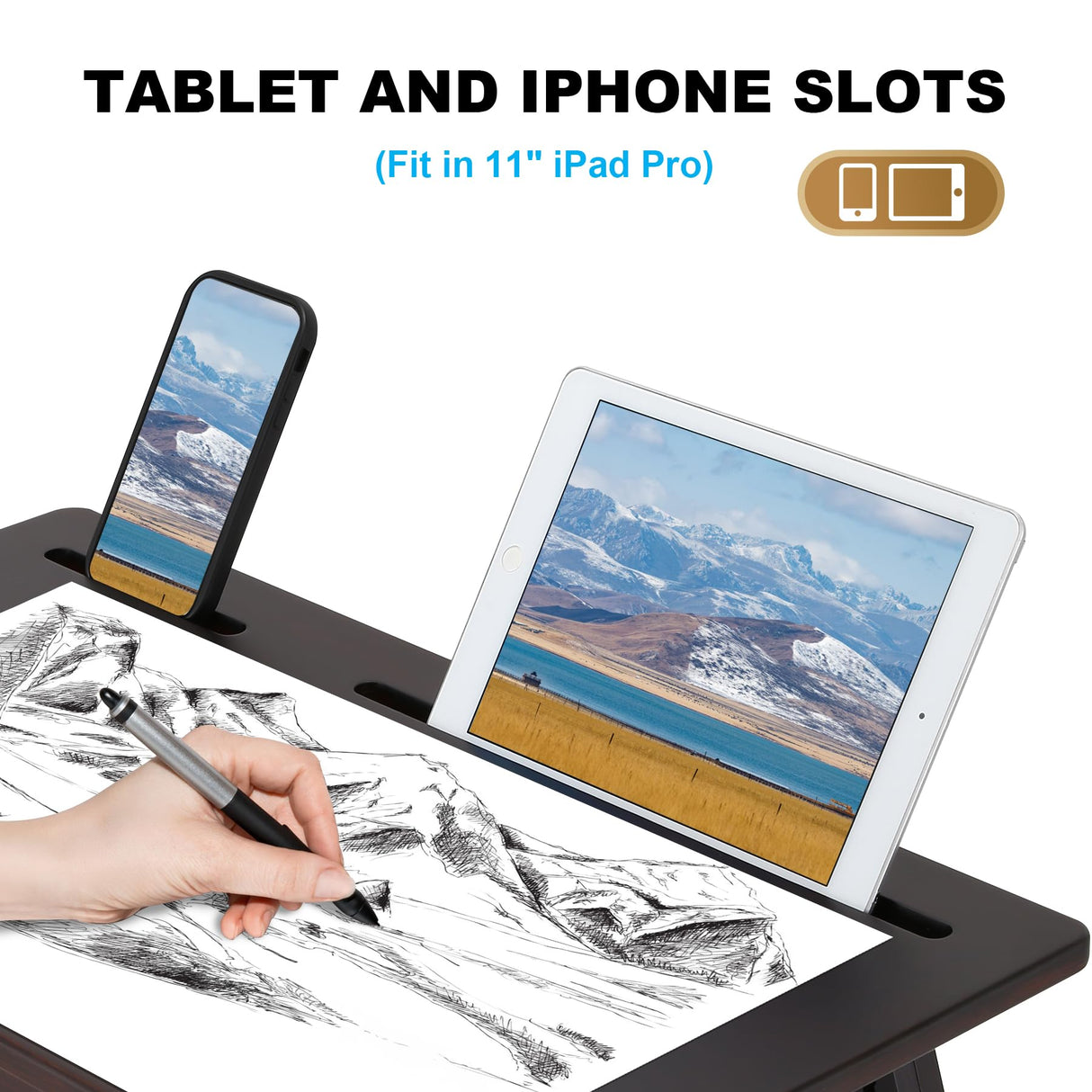 Nnewvante Drawing Table Foldable Drafting Desk with Adjustable Height & Angle Bamboo Drawing Board Easel with Tablet and Phone Slots for Painting, Drafting, Writing, Reading Nnewvante