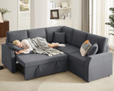 AMERLIFE Sofa Bed, 85 Inch Reversible L Shape Couch with Pull Out Bed & Storage Seat, Oversized Sectional Sleeper Bed for Living Room Apartment, Grey Linen Sleeper Sofa Couch AMERLIFE