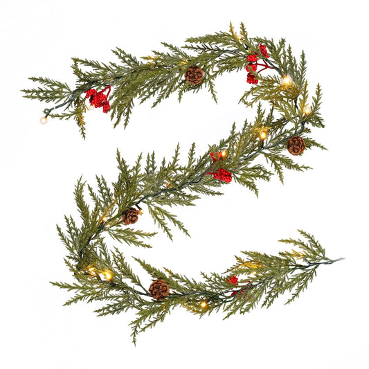 KaKaPops Christmas Garland with Lights, 6 FT Battery Operated Artificial Greenery Garland with Timer, 20 LEDs, Pine Cones and Red Berries for Mantle, Front Door, Stairs Railing Decoration (1 Pack)