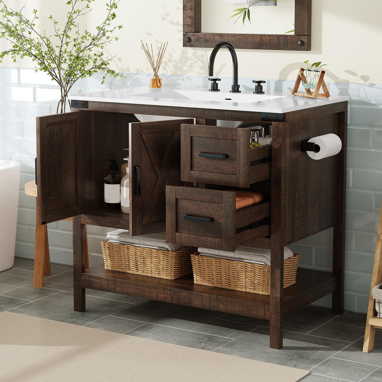 AMERLIFE 36" Farmhouse Bathroom Vanity with Sink Combo, Freestanding Small Single Wood Barn Door Bath Storage Cabinet Set with Sliding Drawers & Open Shelf, Paper Towel Holder, Rustic Brown AMERLIFE