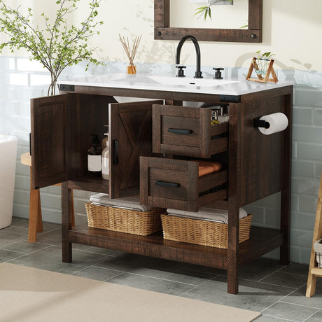 AMERLIFE 36" Farmhouse Bathroom Vanity with Sink Combo, Freestanding Small Single Wood Barn Door Bath Storage Cabinet Set with Sliding Drawers & Open Shelf, Paper Towel Holder, Rustic Brown AMERLIFE