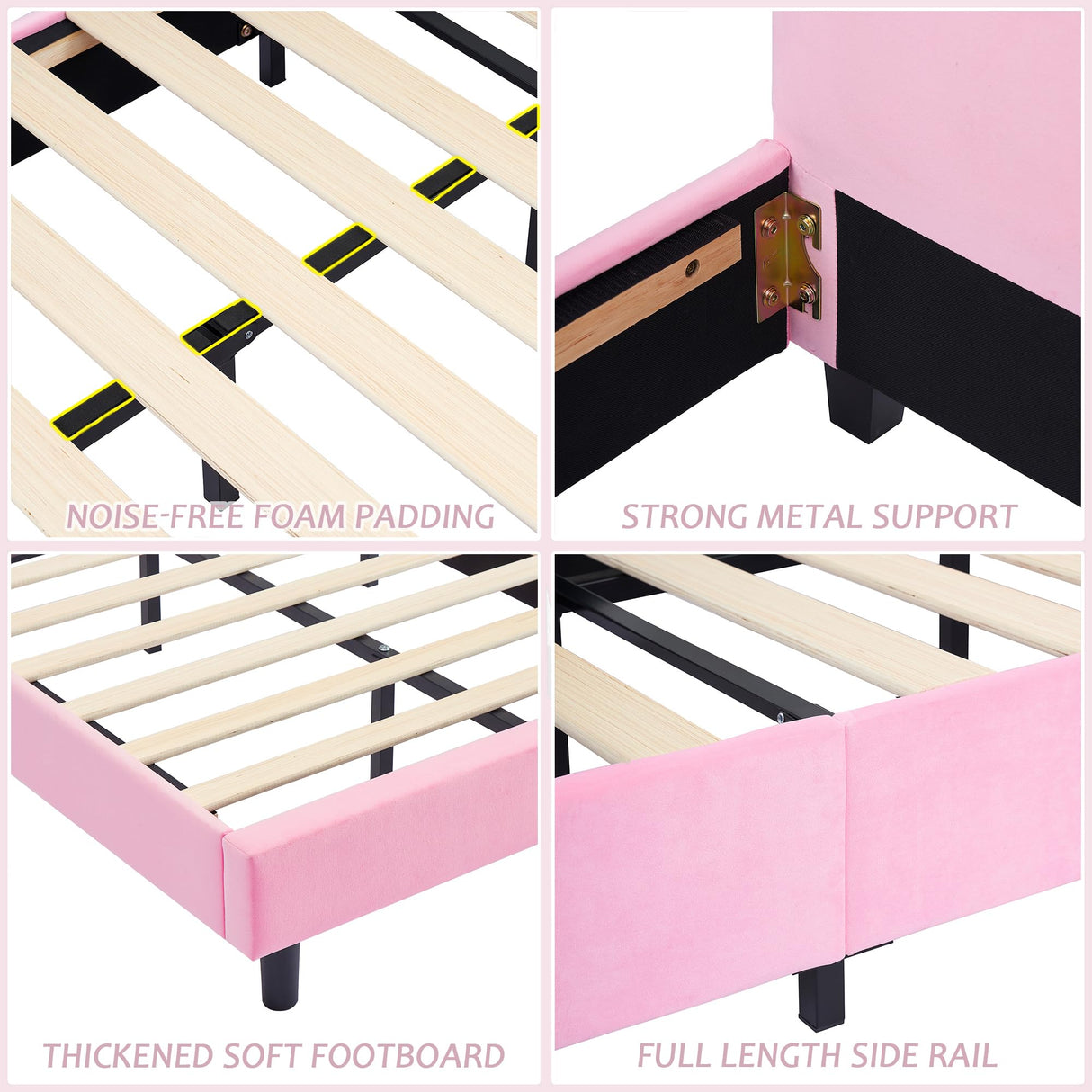 VECELO Pink Twin Bed Frame with Bunny Ear Headboard, Upholstered Velvet Padded for Girls, Sturdy Wood Slats, No Box Spring Needed VECELO