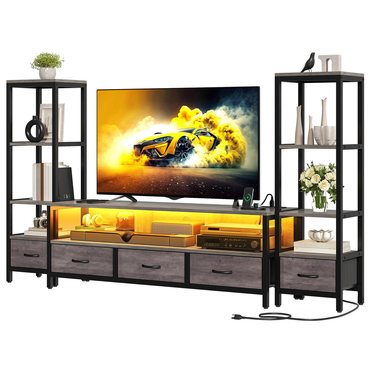 YITAHOME TV Stands for 65 inch TV Entertainment Center with 2 Industrial 4-Tier Bookshelves, LED TV Stands for Living Room, Modern Farmhouse TV Console Cabinet with Power Outlets, Grey YITAHOME