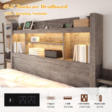LUXOAK King Bed Frame with 49.6" Bookcase Headboard & 2 Bedside Stoage Racks & 4 Drawers, Farmhouse Wood Bed Frame with RGB LED & Charging Station, No Box Spring Needed, Grey LUXOAK