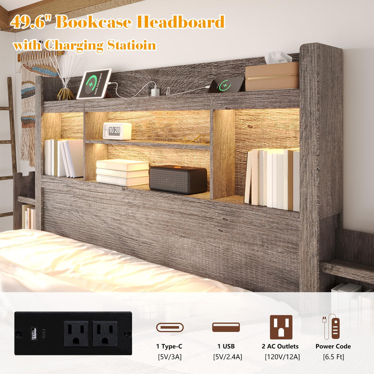 LUXOAK Full Bed Frame with 49.6" Bookcase Headboard & 2 Detachable Bedside Stoage Racks & 4 Drawers, Farmhouse Wood Bed Frame with RGB LED & Charging Station, No Box Spring Needed, Grey LUXOAK