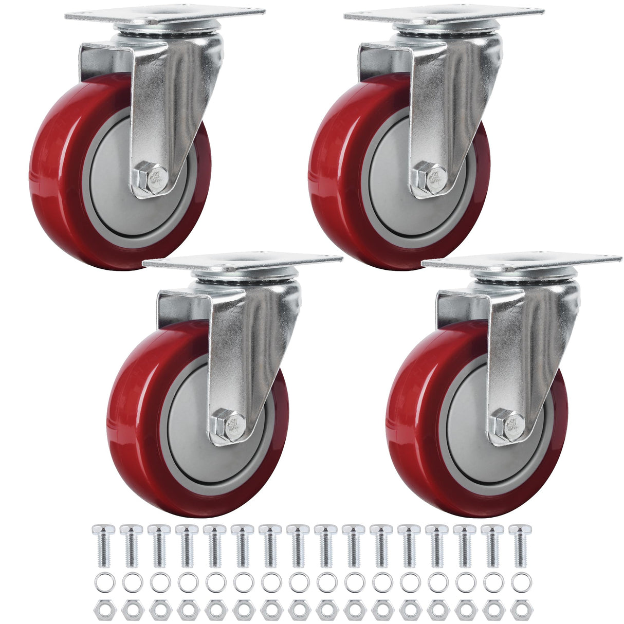 Finnhomy 4” Swivel Casters Wheels Set of 4 Plate Casters Heavy Duty Premium Polyurethane Wheels PU Load Bearing 2,600 Lbs Anti-wear Smooth Casters Red (Free Screws) Finnhomy