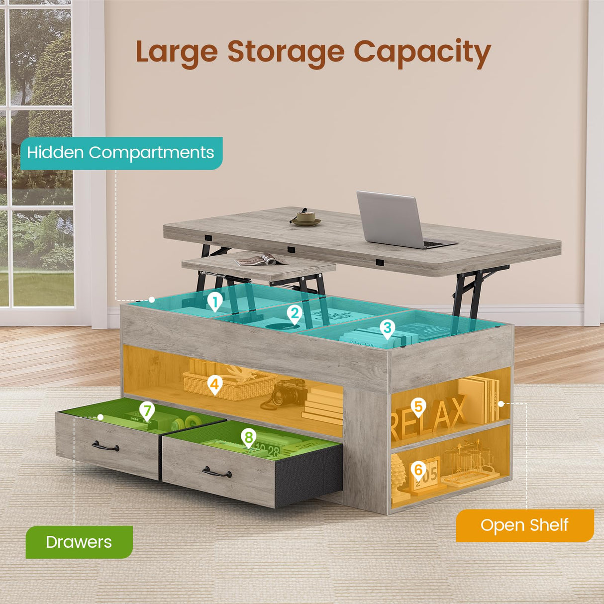 Itaar Lift Top Coffee Table, 4 in 1 Coffee Tables with Storage and Hidden Compartment, Farmhouse Coffee Table with 2 Fabric Drawers & LED Light for Living Room, Grey Oak Itaar