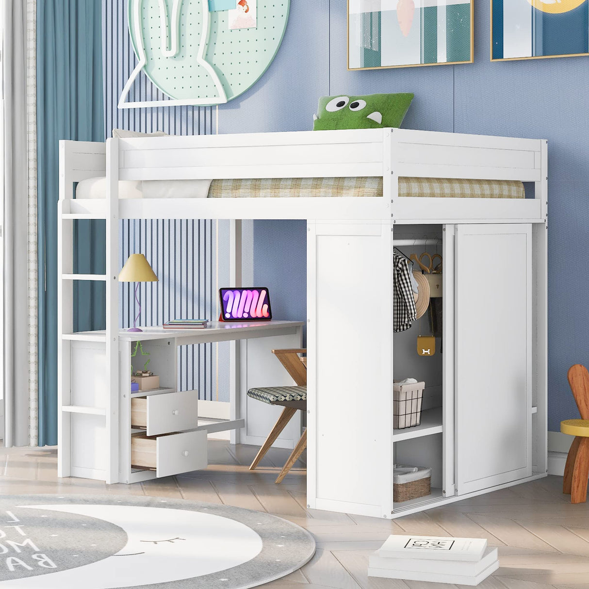 Merax Loft Bed Full Size Adult, Wood Frame with Desk and Wardrobe, Storage Design with Drawers & Cabinet, for Teen Girls & Boys(White) Merax
