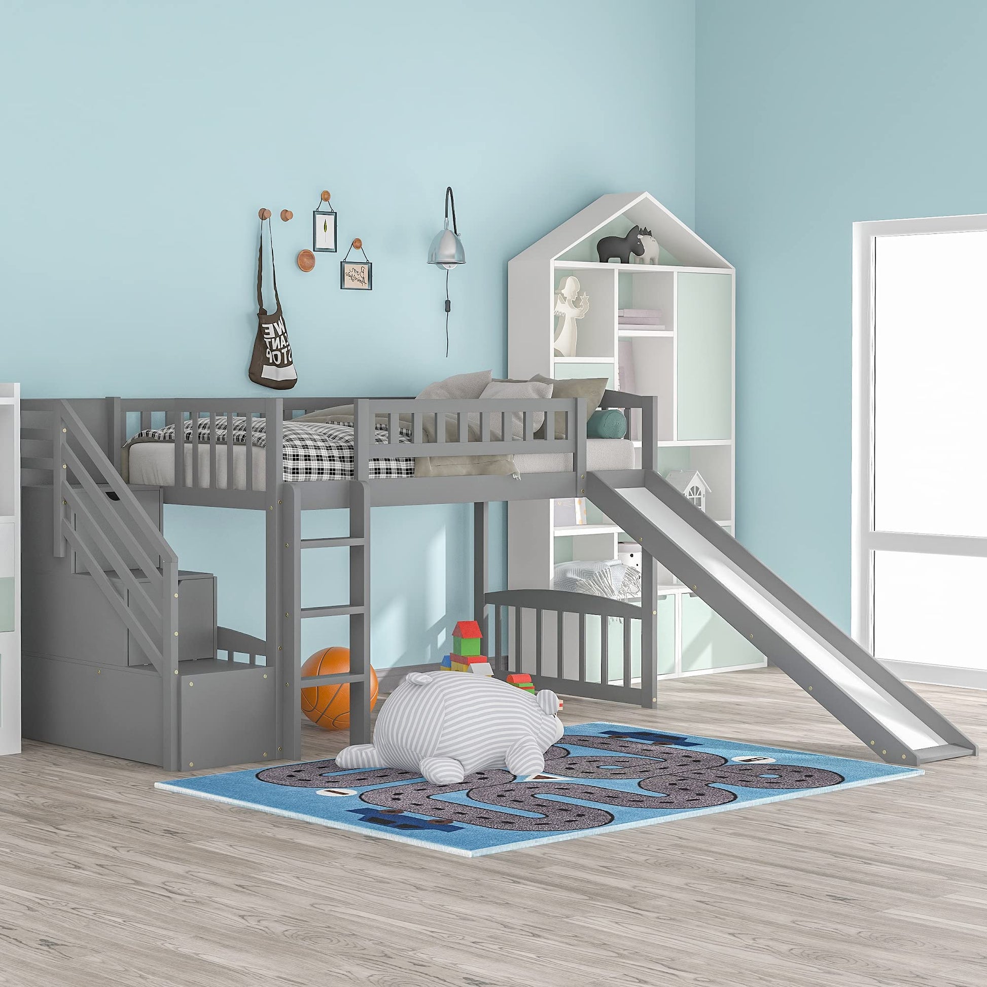 Twin Loft Bed with Slide and Storage Stairs for Kids - Grey - WoodArtSupply