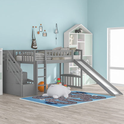 Twin Loft Bed with Slide and Storage Stairs for Kids - Grey - WoodArtSupply