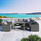 9-Piece Outdoor Patio Half Moon Furniture Set, Free Combination Sofa Set Sectional Conversation Set, Rattan Wicker Half Moon Sofa Set with Free Overlapping Round Table (Gray Wicker + Gray Cushion) YSWH