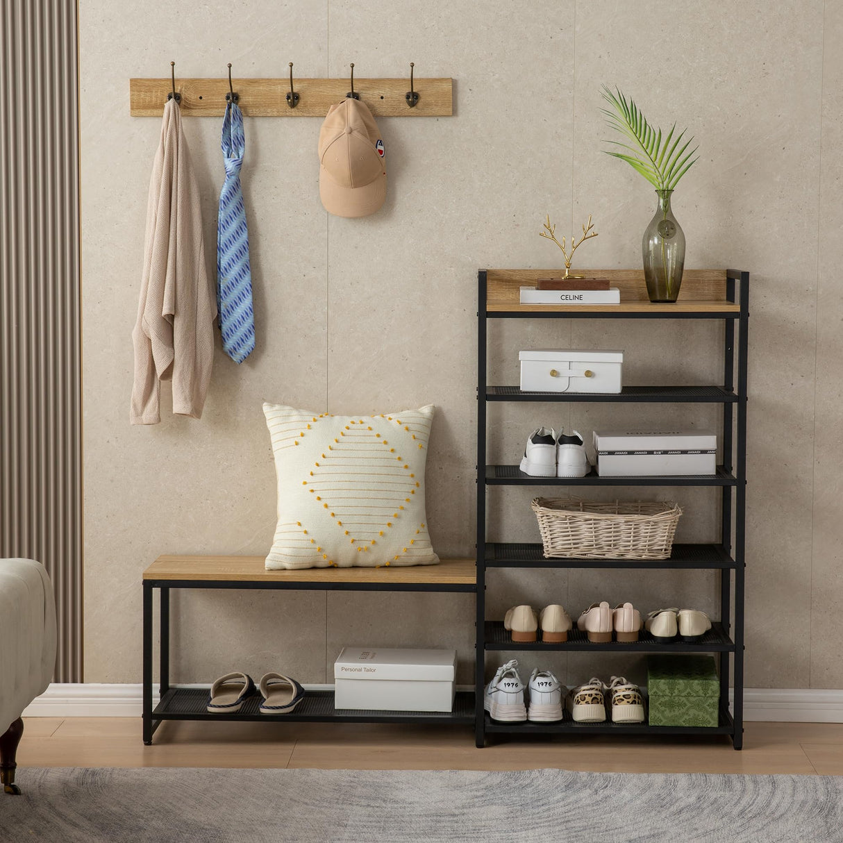 SUNTAGE 6-Tier Coat Rack Shoe Bench Set, Entryway Bench with 6 Hooks Coat Rack, Hall Tree with Bench and Shoe Storage for Entryway, Hallway, Garage, Bedroom (Vintage Oak) SUNTAGE