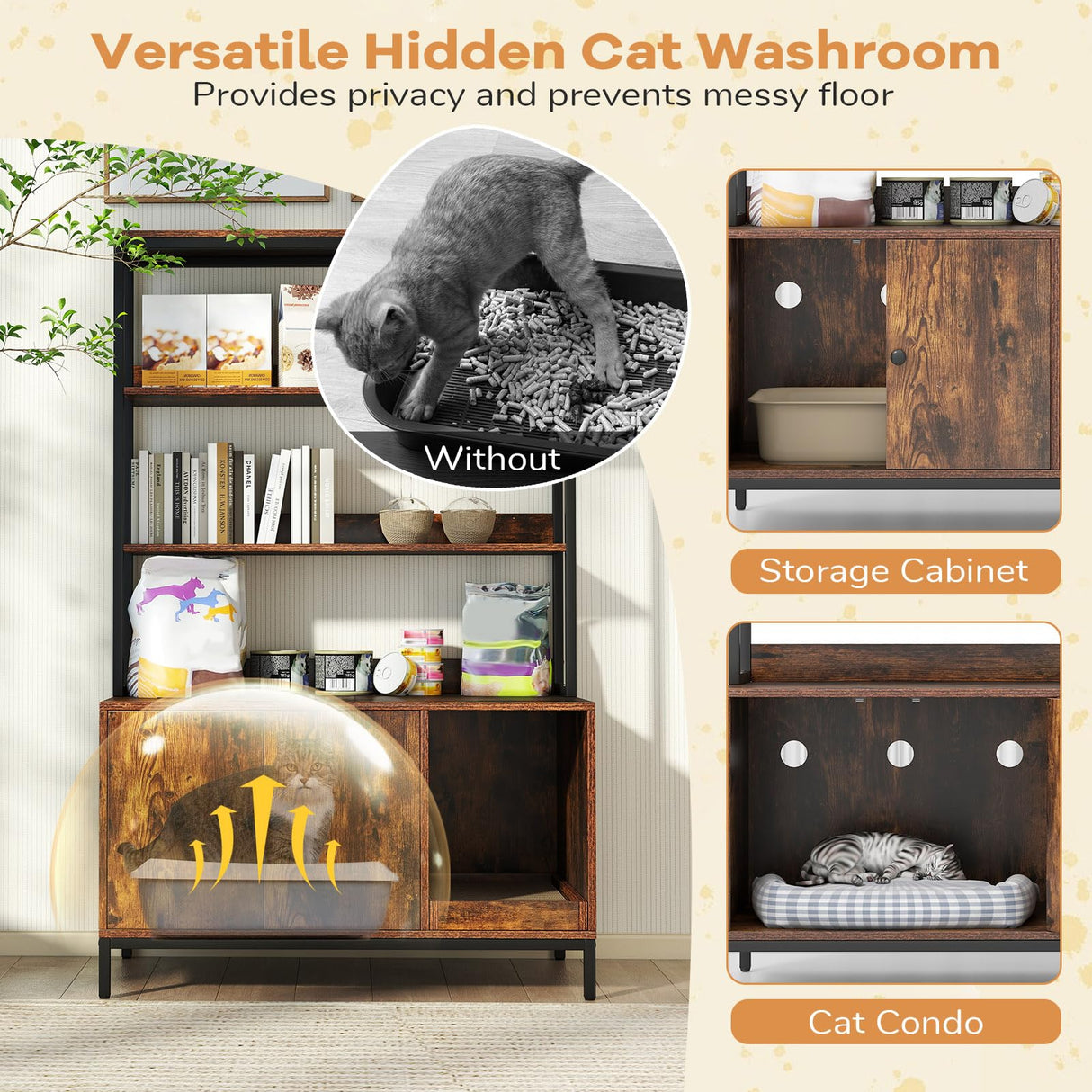 PETSITE Cat Litter Box Enclosure with Storage, 57 Inch Tall Hidden Litter Box with 2-Tier Shelves, Removable Scratching Pad, and Winding Entry, Solid Metal Framed (Rustic Brown) PETSITE